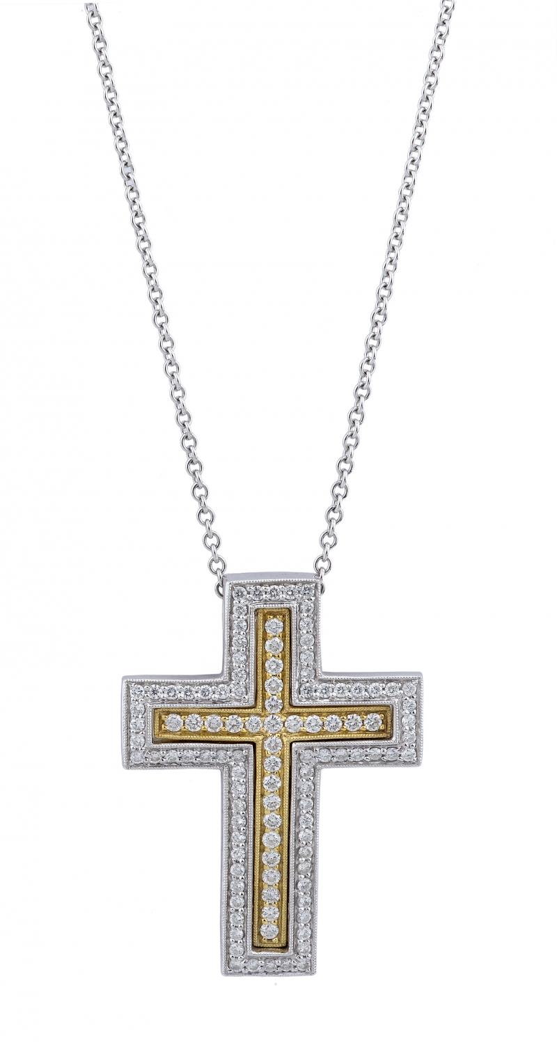 18k White Yellow Gold Diamond Cross Necklace