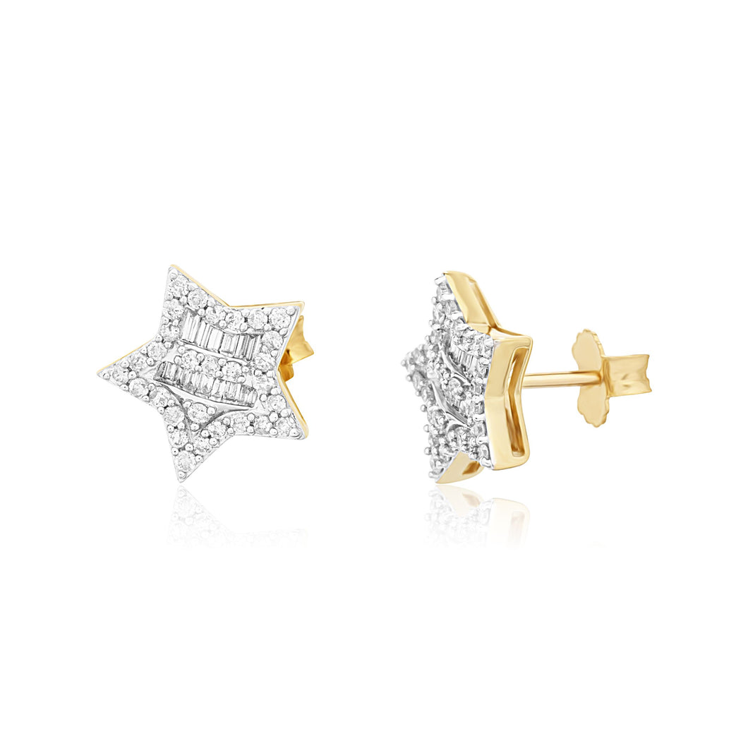 14k Yellow Gold Diamond Star Shaped Round & Baguette Earrings