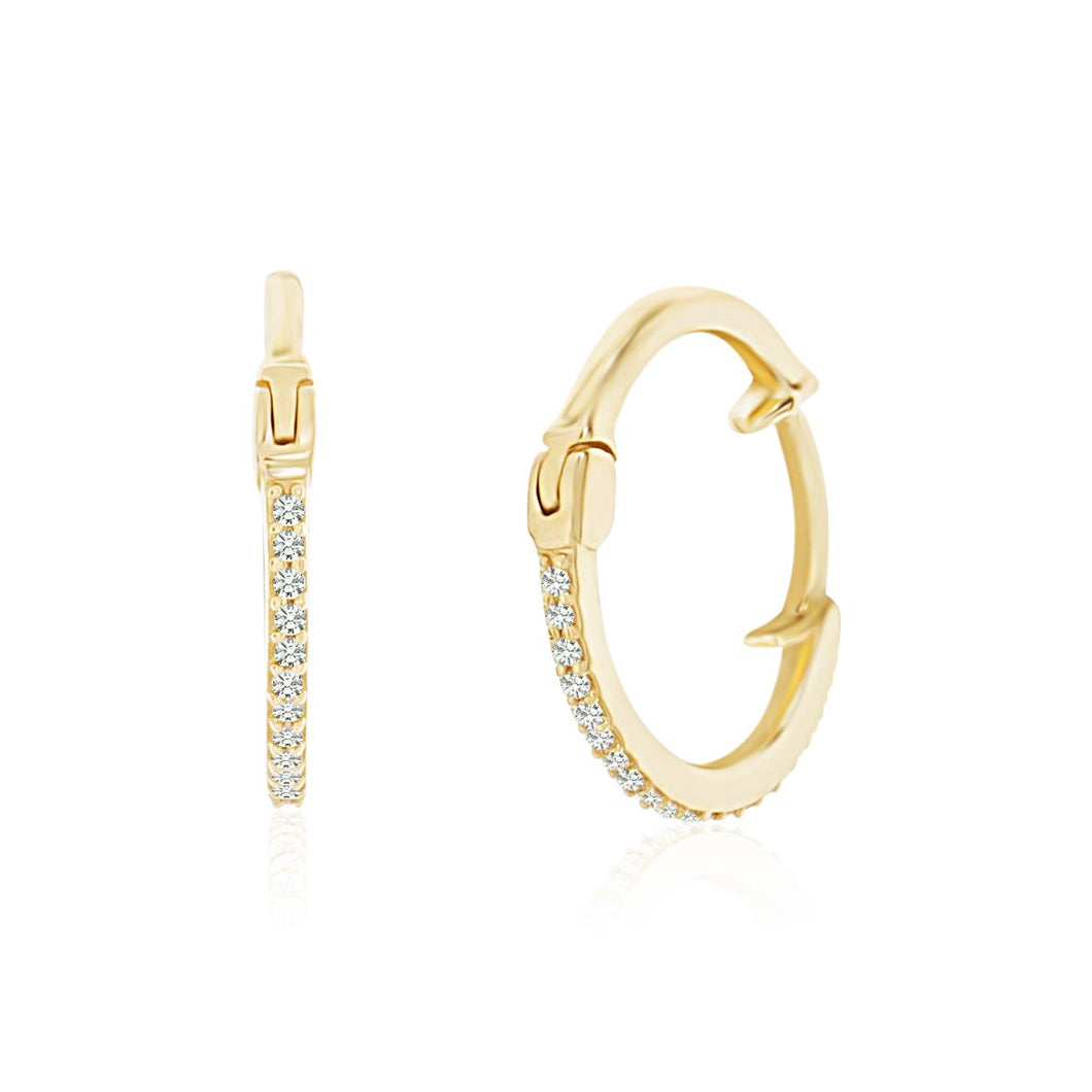14K Yellow Gold Diamond Hoop Huggie Earrings