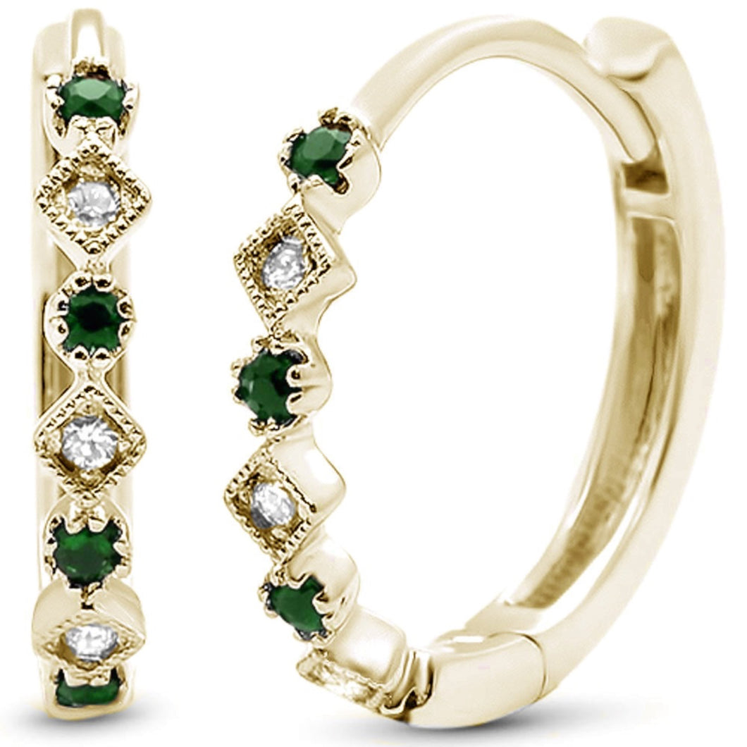 14k Yellow Gold Diamond & Emerald Hoop Huggie Antique Earrings