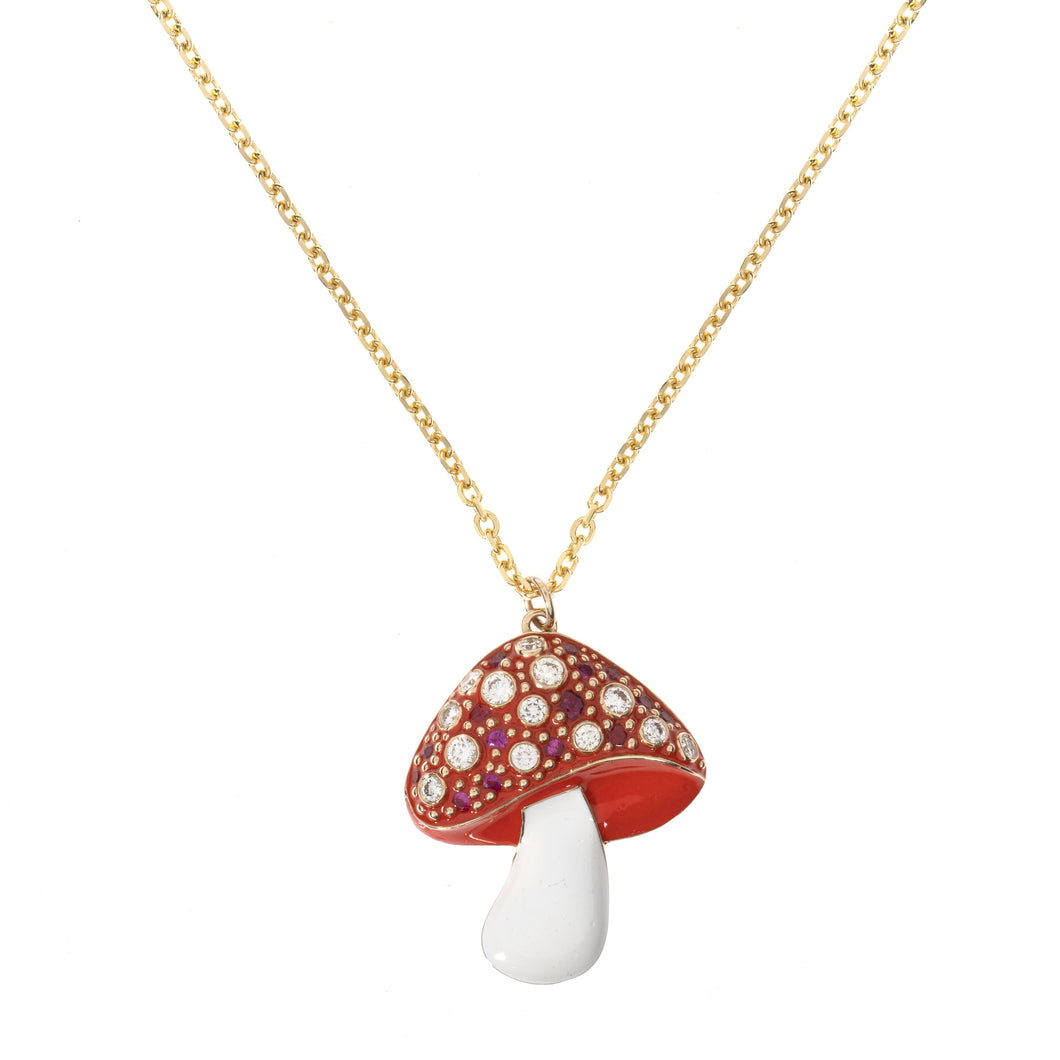 14k Yellow Gold Ruby and Round Diamond Mushroom Pendant with 14k Gold Chain