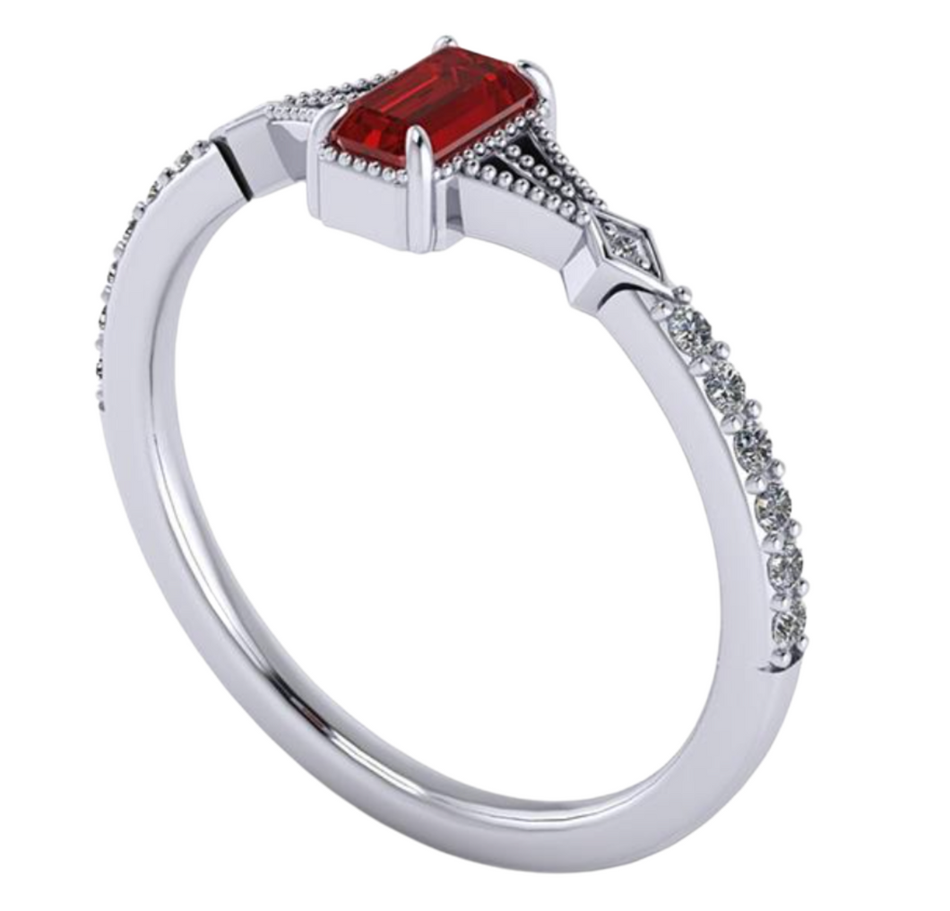 Sparkling Red Emerald Cut Gemstone Ring