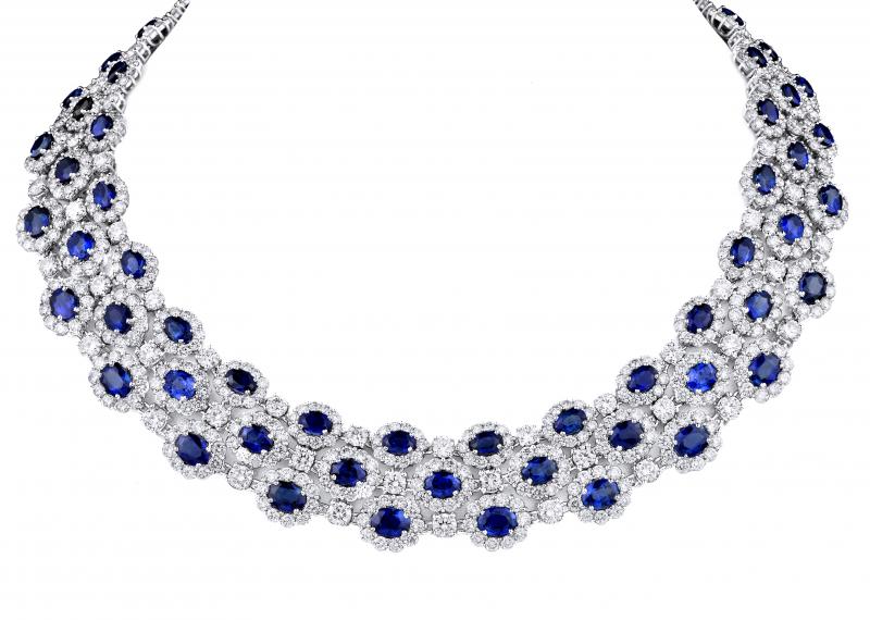 18k White Gold Diamond Blue Sapphire Necklace