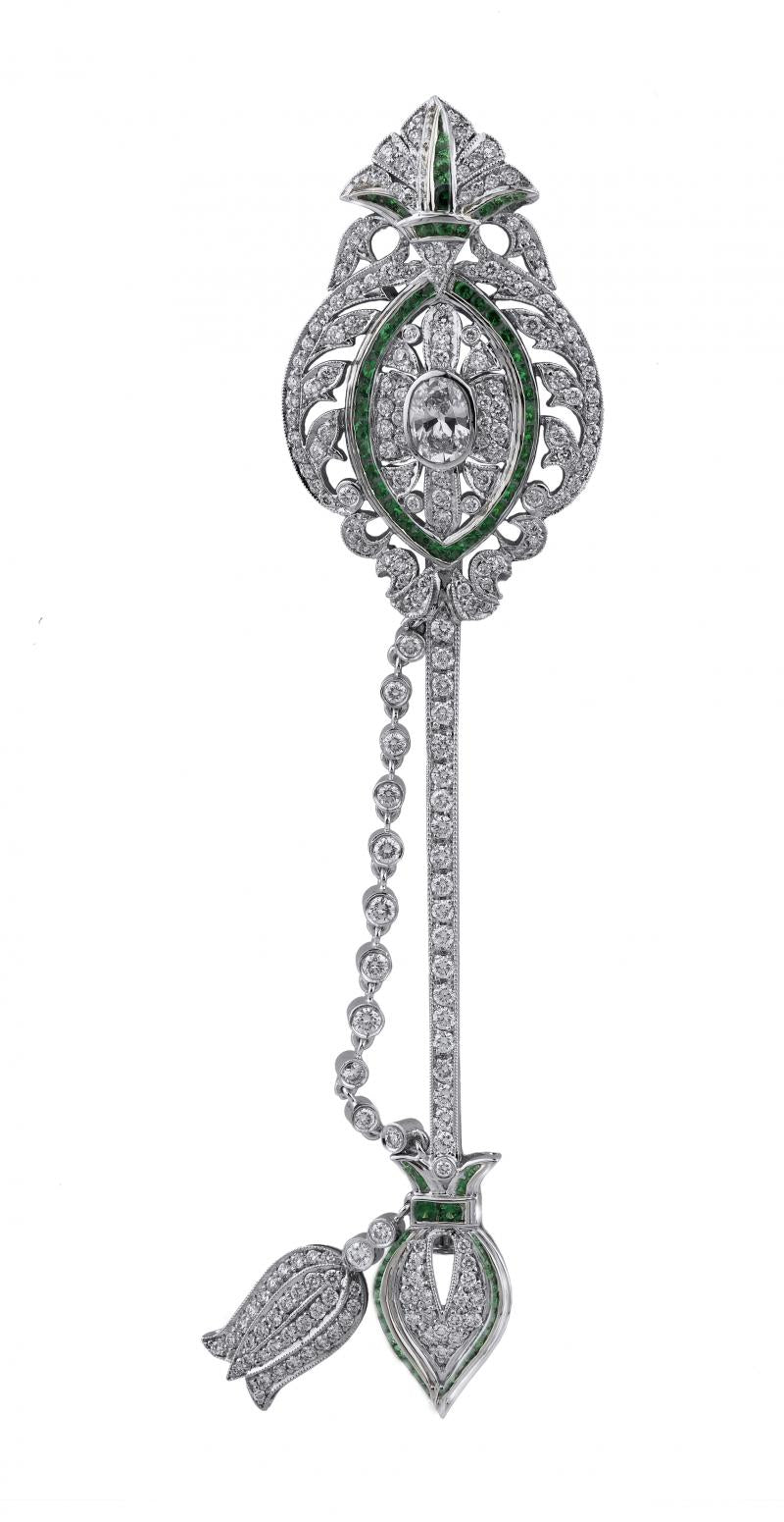 18k White Gold Green Emerald Diamond Brooch