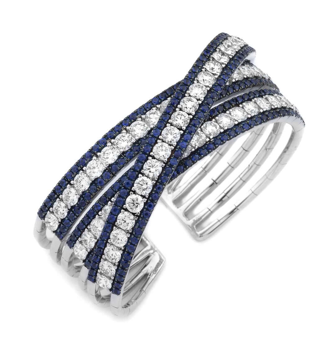 18KW White Gold Sapphire and Diamond Flexible Cuff Bracelet
