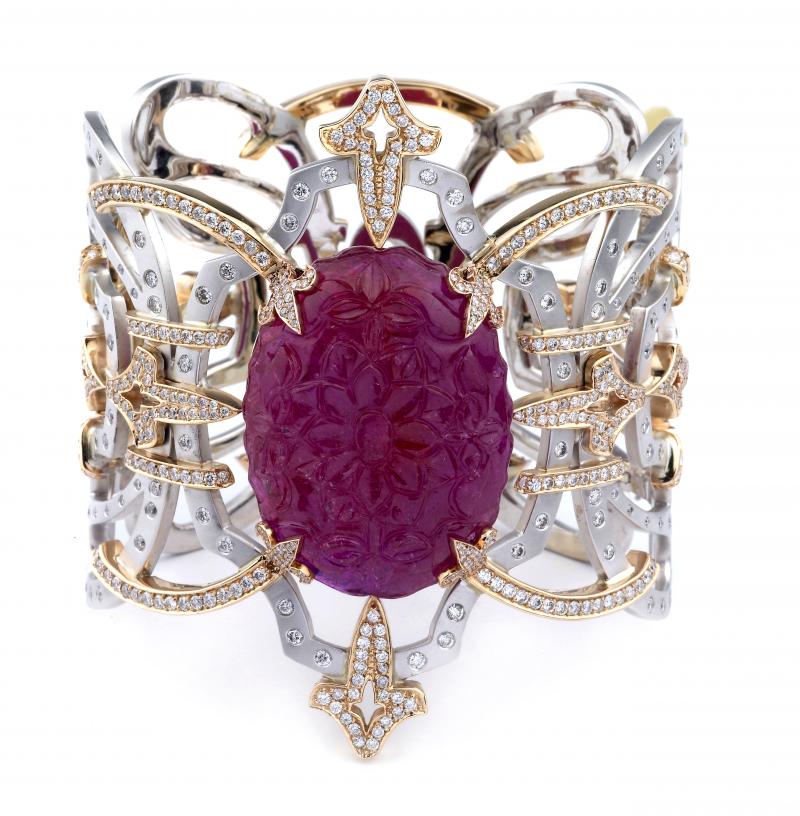 18k White/Rose Gold Diamond Carved Cabochon Ruby Bracelet