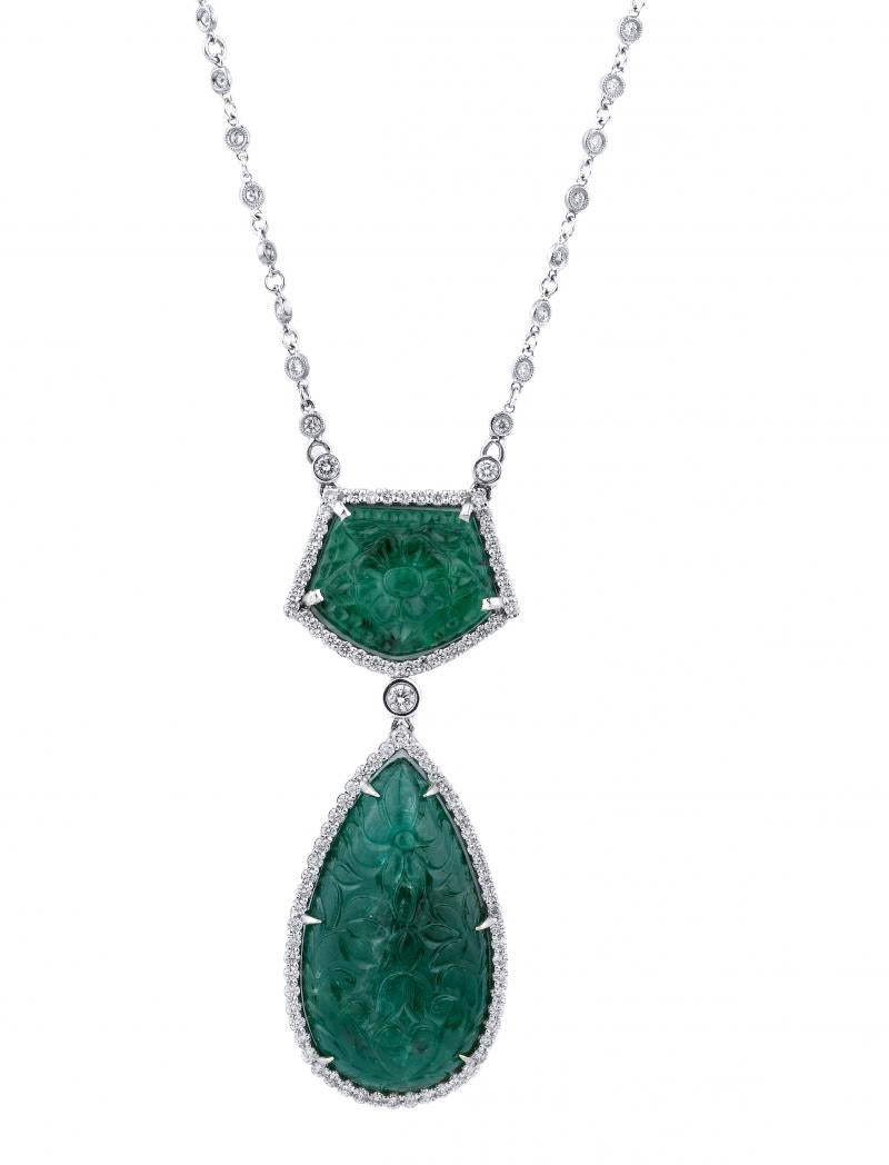 18k White Gold Diamond Emerald Necklace