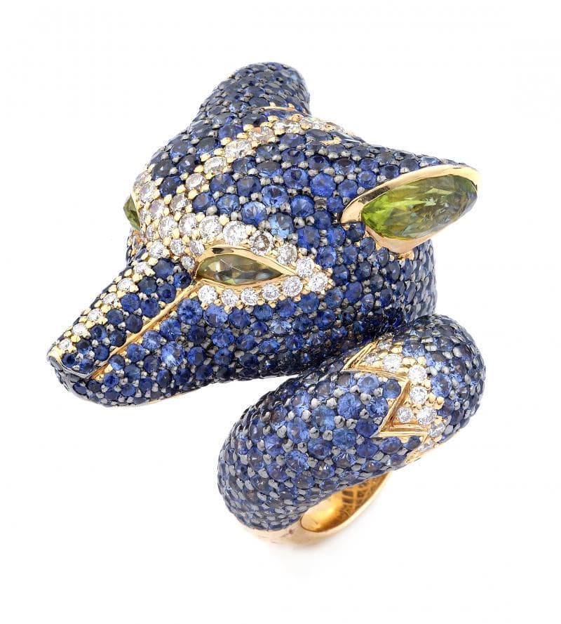 18k Yellow Gold Peridots Blue Sapphire Ring