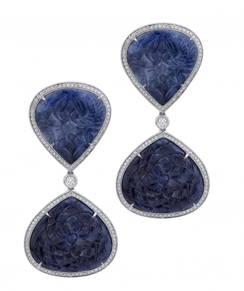 18k White Gold Diamond Blue Sapphire Earrings