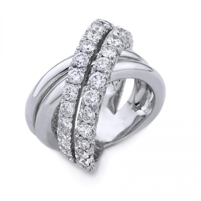 18K White Gold Two Criss-Cross Round Brilliant Cut Diamond Ring