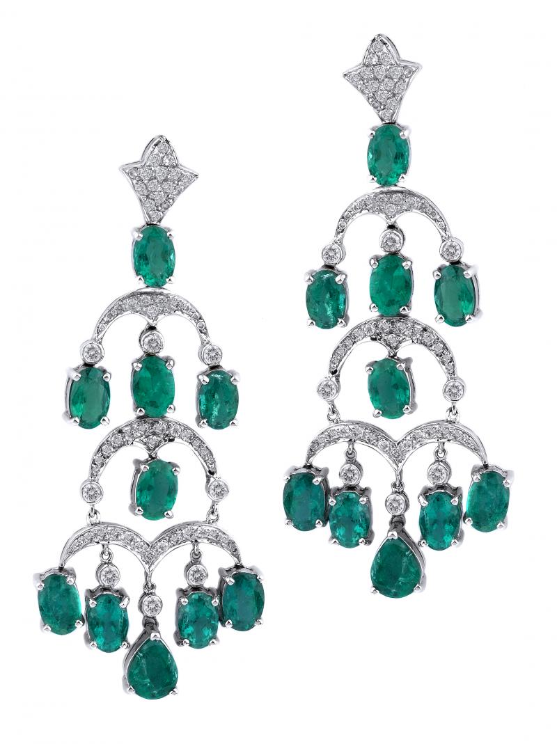 18k White Gold Diamond Emerald Earring