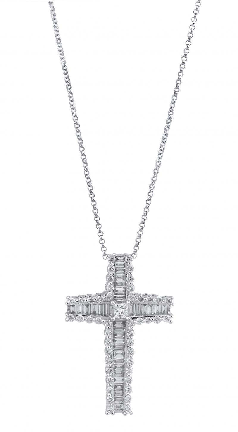 14k White Gold Baguette Diamond Cross Necklace