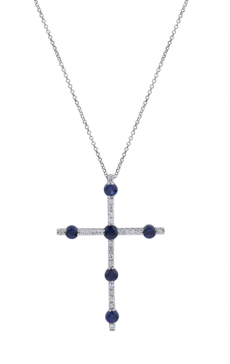 18k White Gold Diamond Round Cut Blue Sapphire Cross Necklace