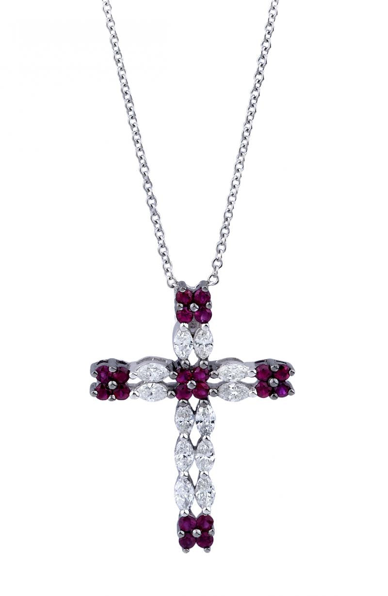 18k White Gold Marquee Cut Diamond Ruby Cross Necklace