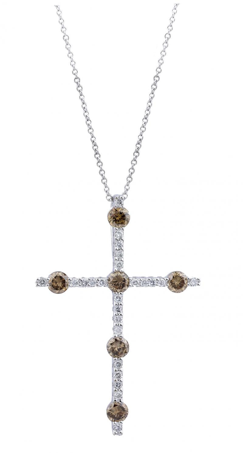 18k White Gold Round Cut Brown Diamond Diamond Cross Necklace