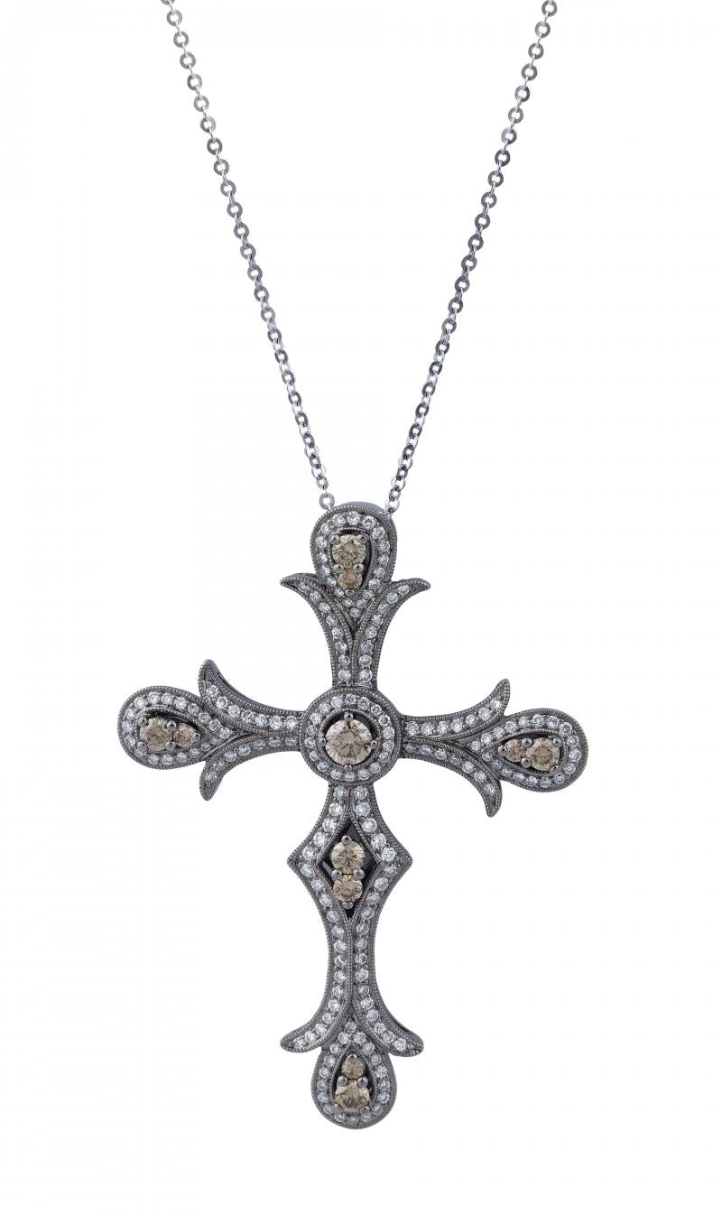 18k White Gold Brown & Brilliant Cut Diamond Cross Necklace