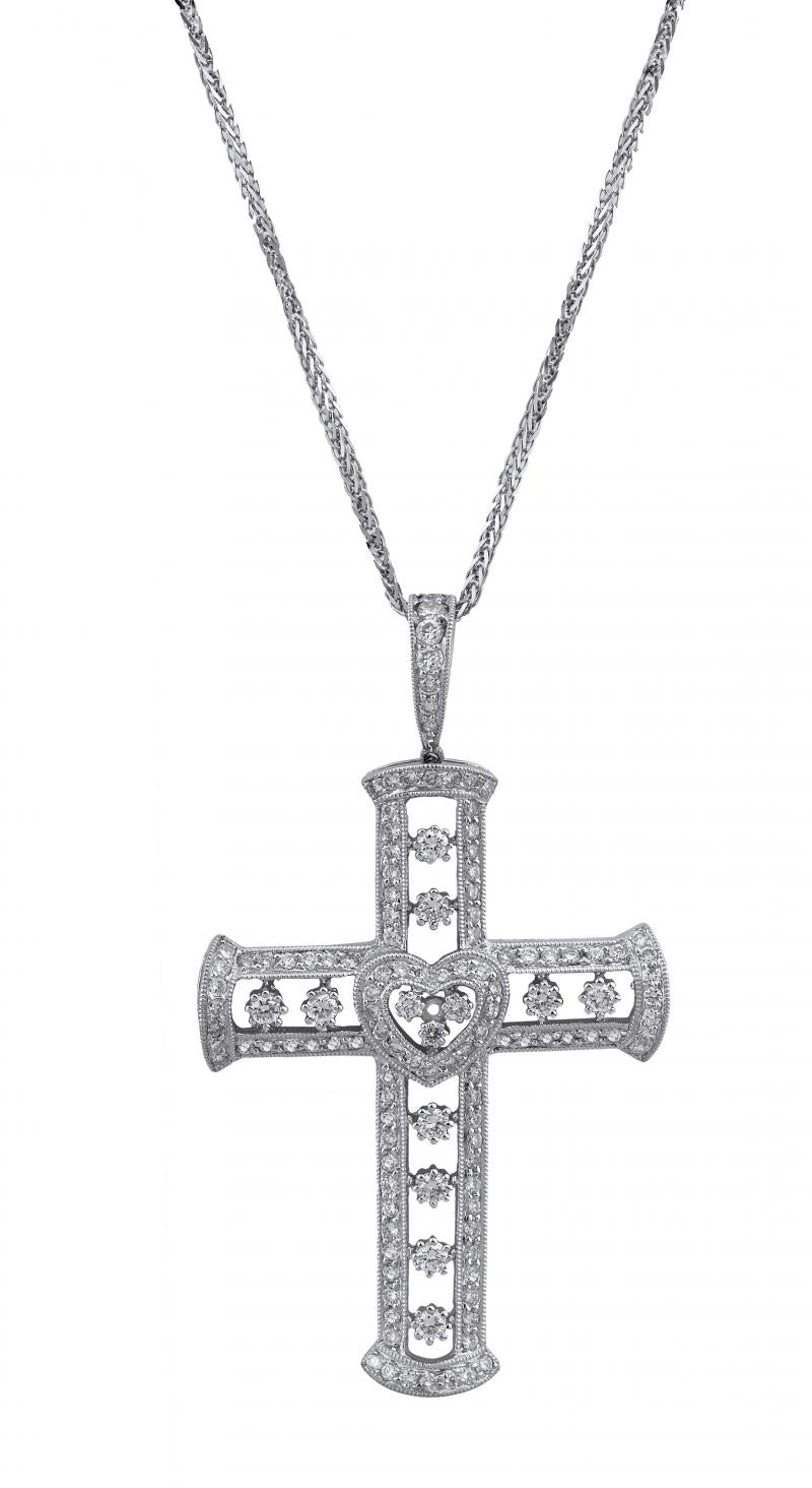 18k White Gold Round Diamond Cross Necklace