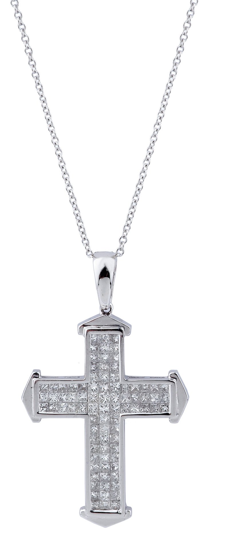14k White Gold Princess Cut Diamond Cross Necklace