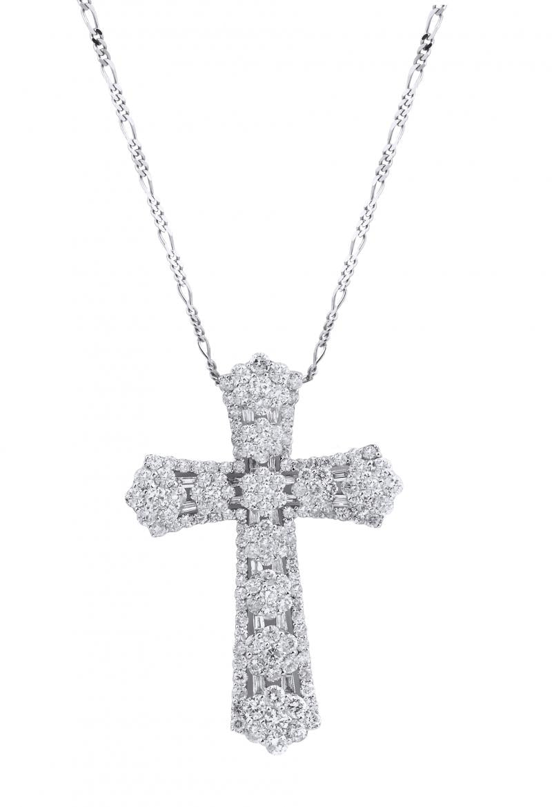 18k White Gold Round Cut Diamond Cross Necklace