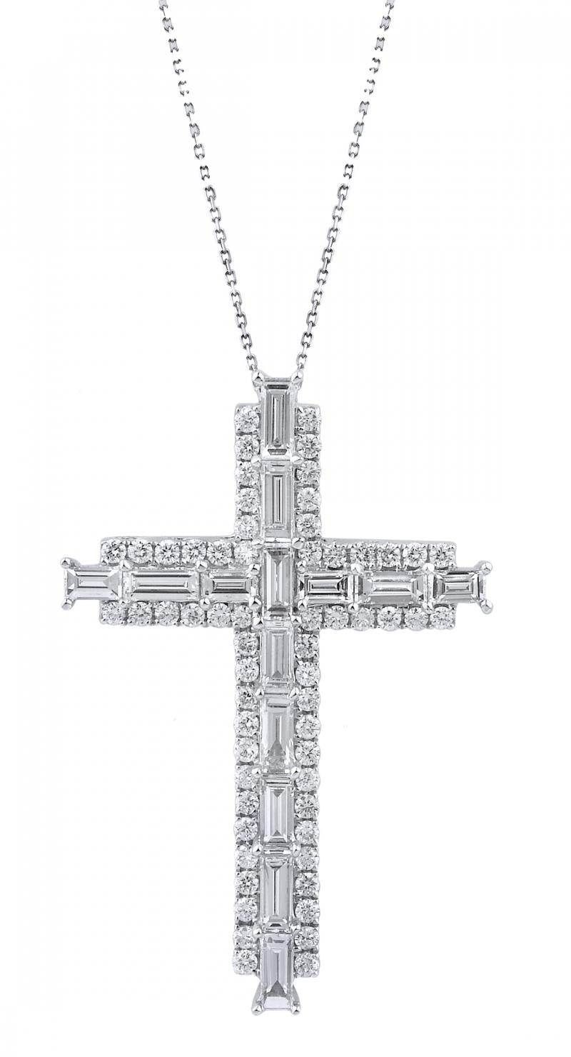 18k White Gold Baguette Cut Diamond Cross Necklace