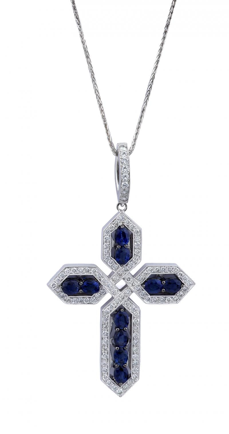 18k White Gold Diamond Round Cut Blue Sapphire Necklace