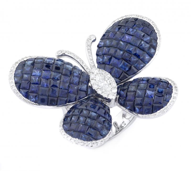18k White Gold Diamond Blue Sapphire Butterfly Ring