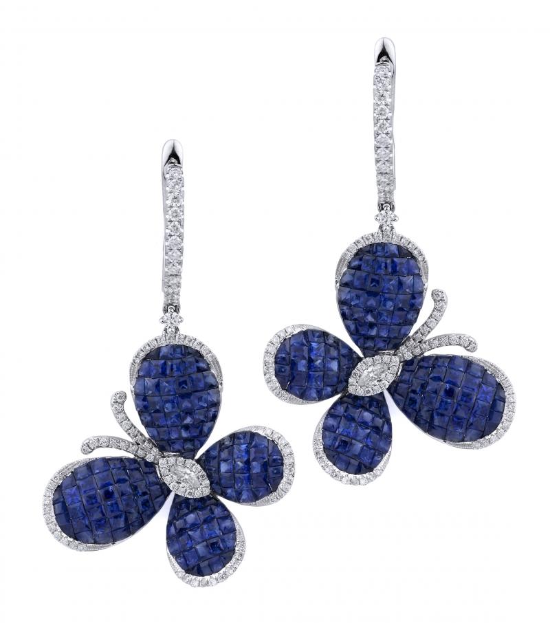 18k White Gold Diamond Blue Sapphire Butterfly Earrings