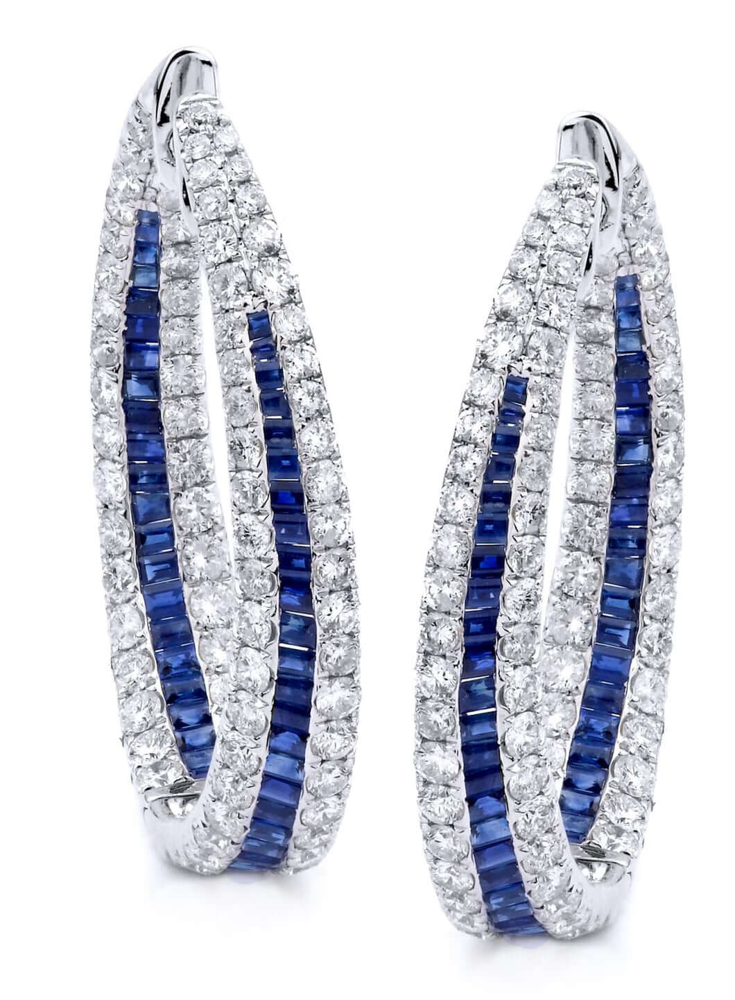 18k White Gold Diamond Sapphire Hoop Earrings