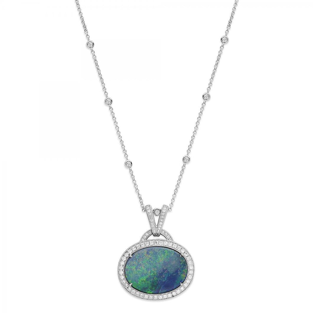 18k White Gold Diamond Black Opal Pendant Necklace