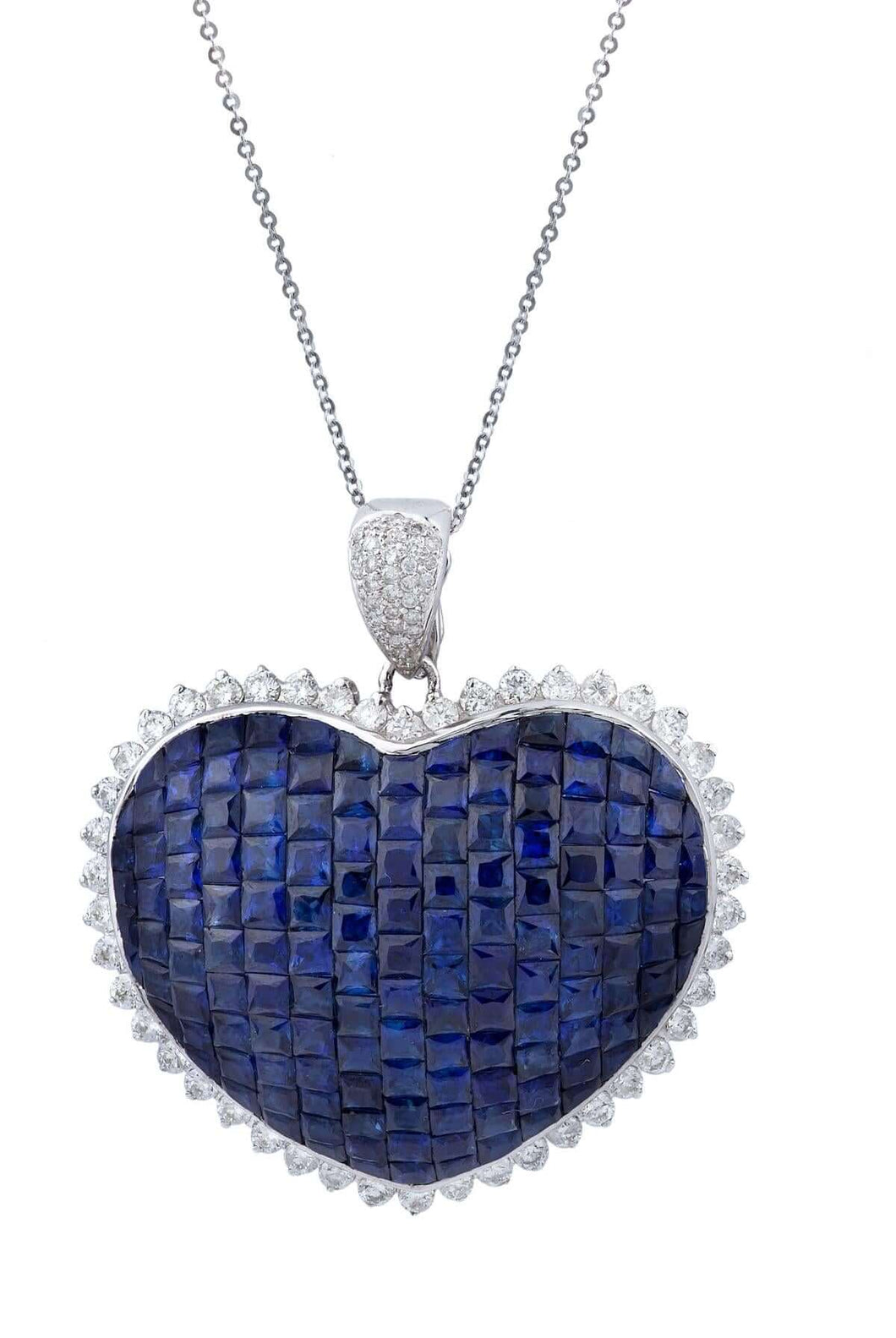 18k White Gold Diamond Blue Sapphire Heart Necklace