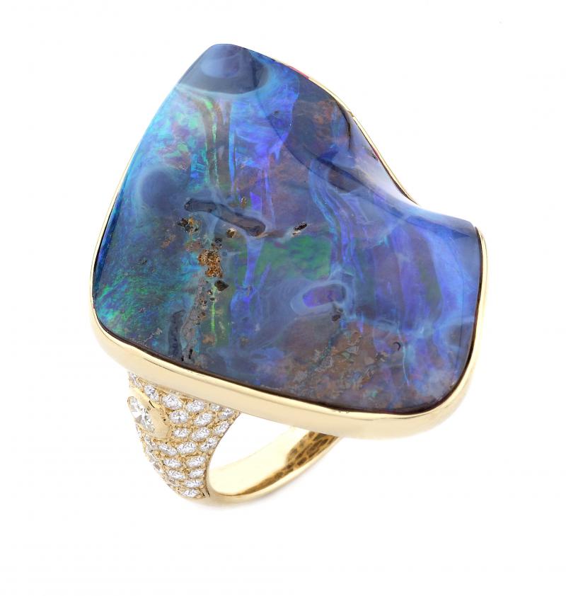 18k Yellow Gold Diamond Blue Opal Ring