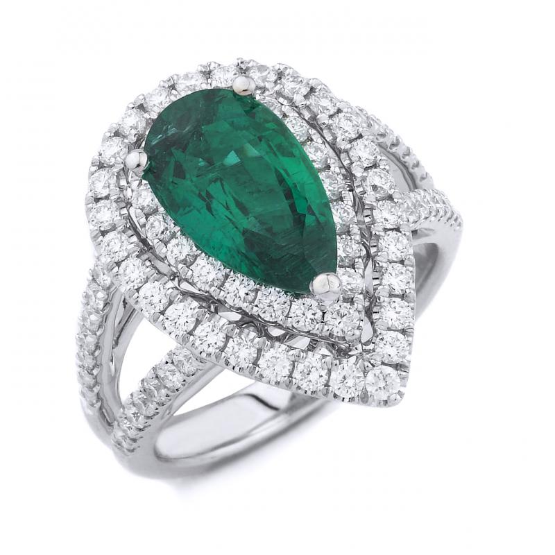 18k White Gold Diamond Pear Emerald Ring