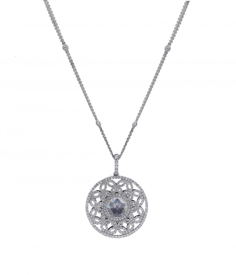 18k White Gold Diamond Rose Cut Necklace Pendant