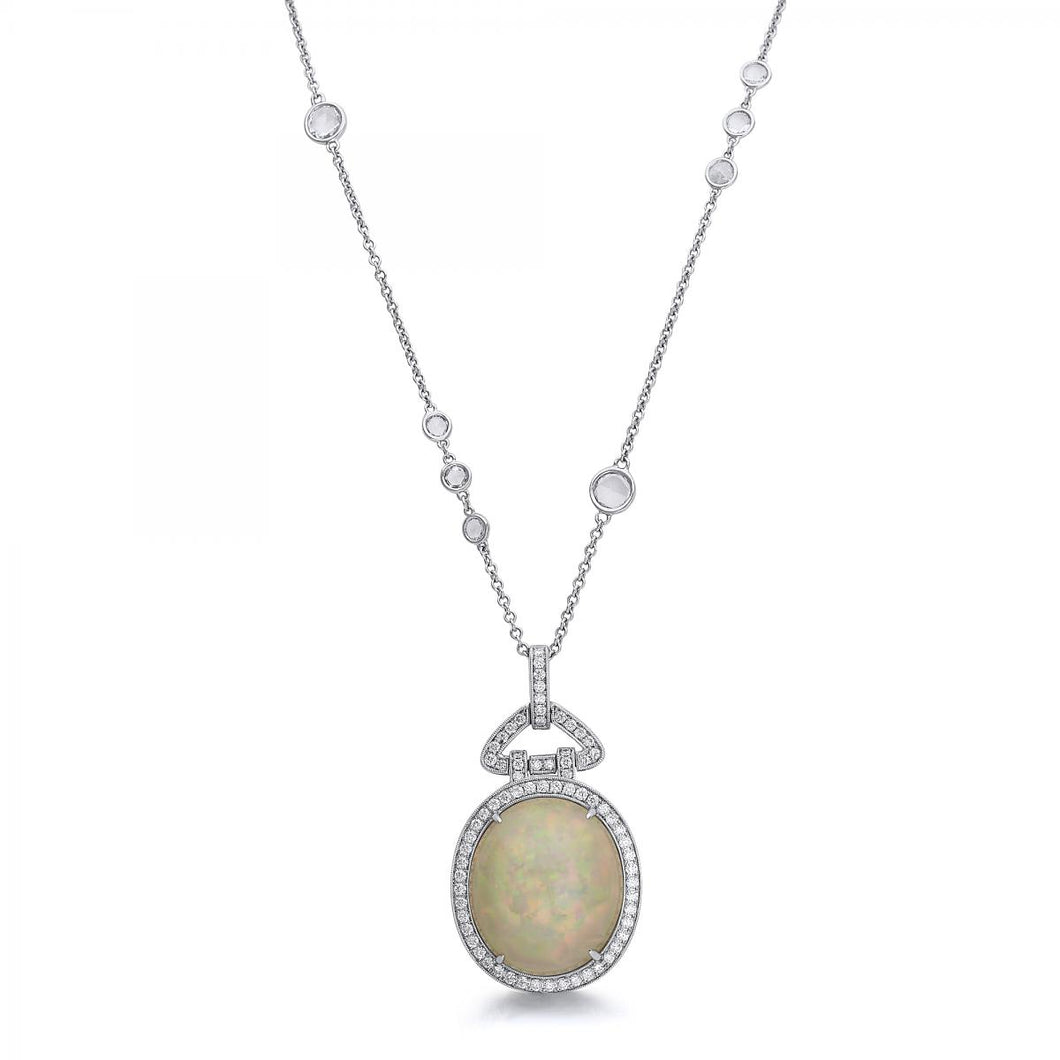 18k White Gold Diamond Cabochon Opal Pendant Necklace