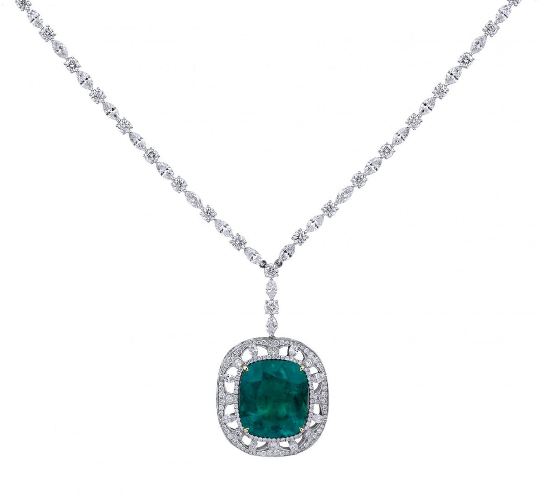 18k White Gold Diamond Cushion Cut Colombian Emerald Necklace