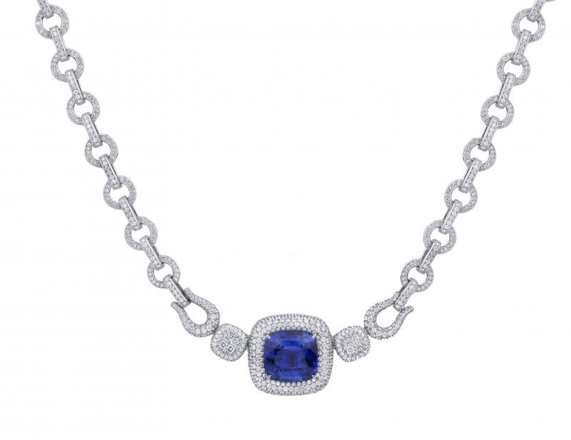 18k White Gold Diamond Cushion Cut Sapphire Necklace