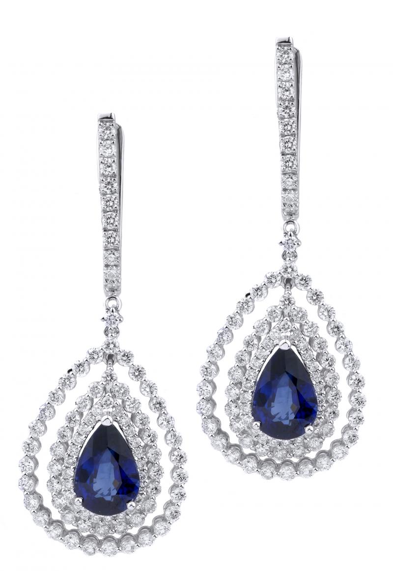 18k White Gold Diamond Pear Shape Blue Sapphire Earrings