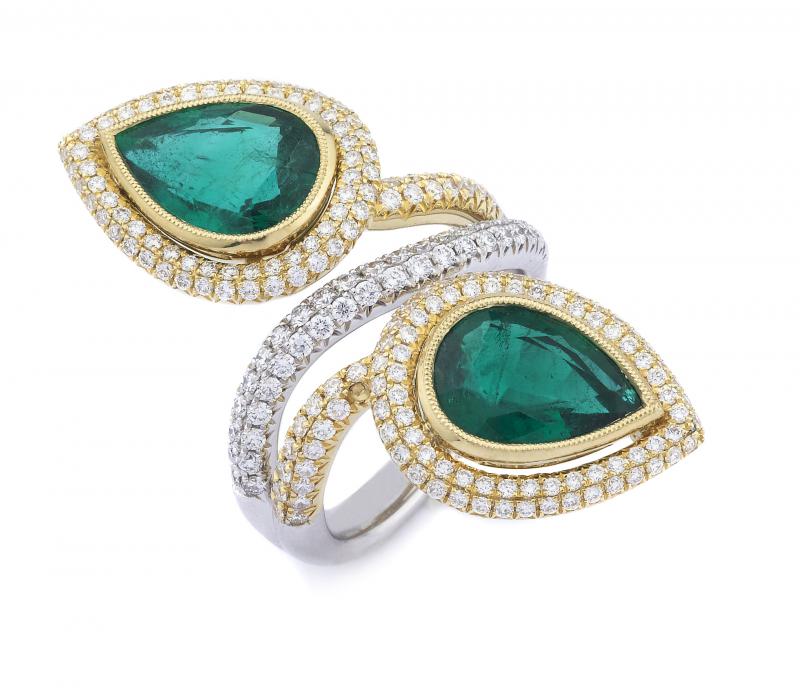 18k White Gold Yellow Gold Diamond Pear-Shaped Emerald Ring