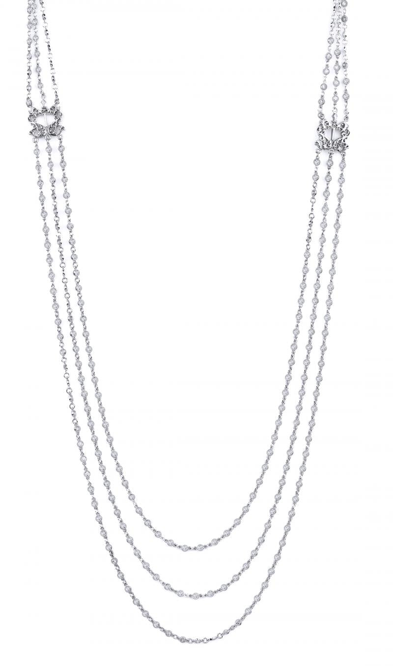 18k White Gold Diamond Triple Chain Bezel Necklace