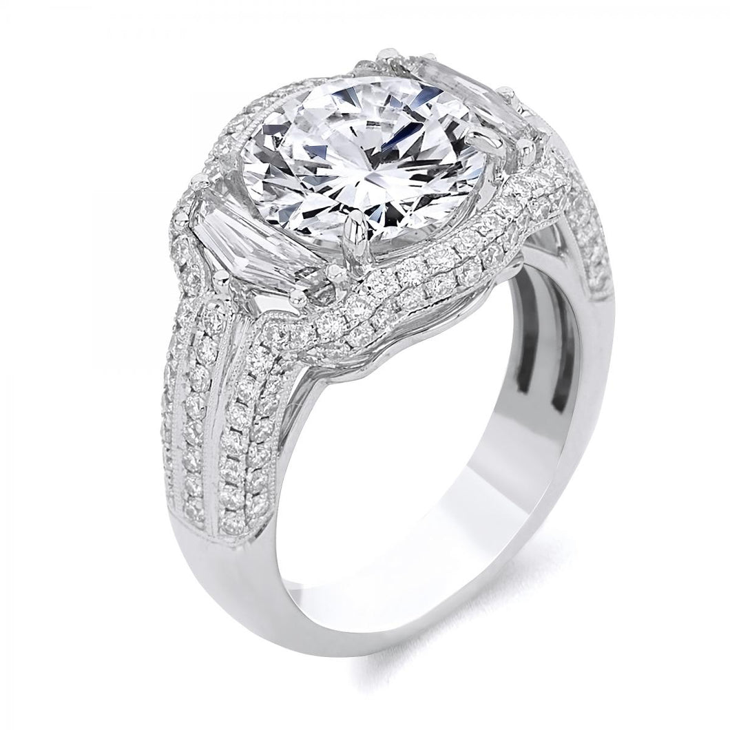 18k White Gold Brilliant Round with Side Trapezoid Cut Diamond Engagement Ring