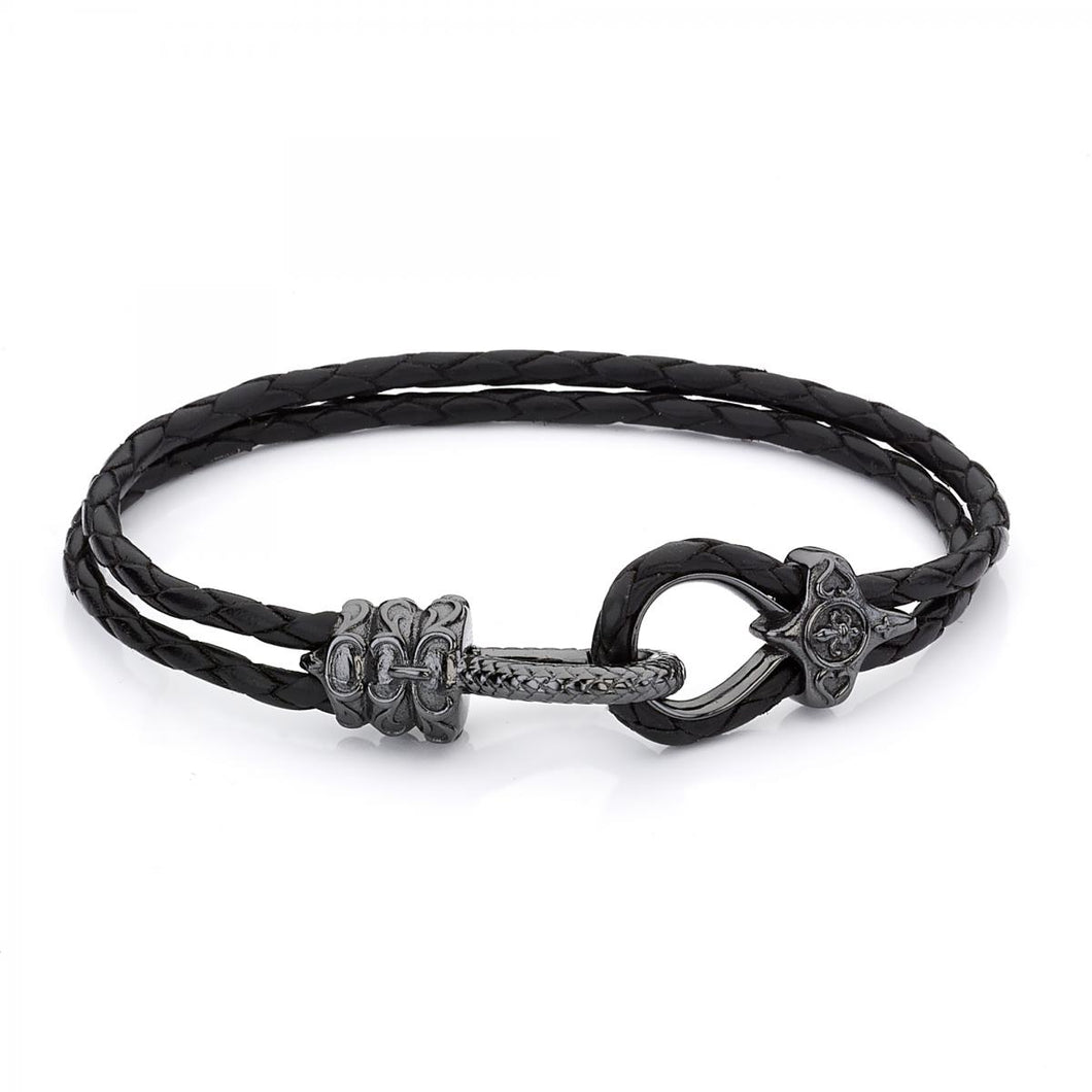 Black Leather Ruthenium Men's Bracelet