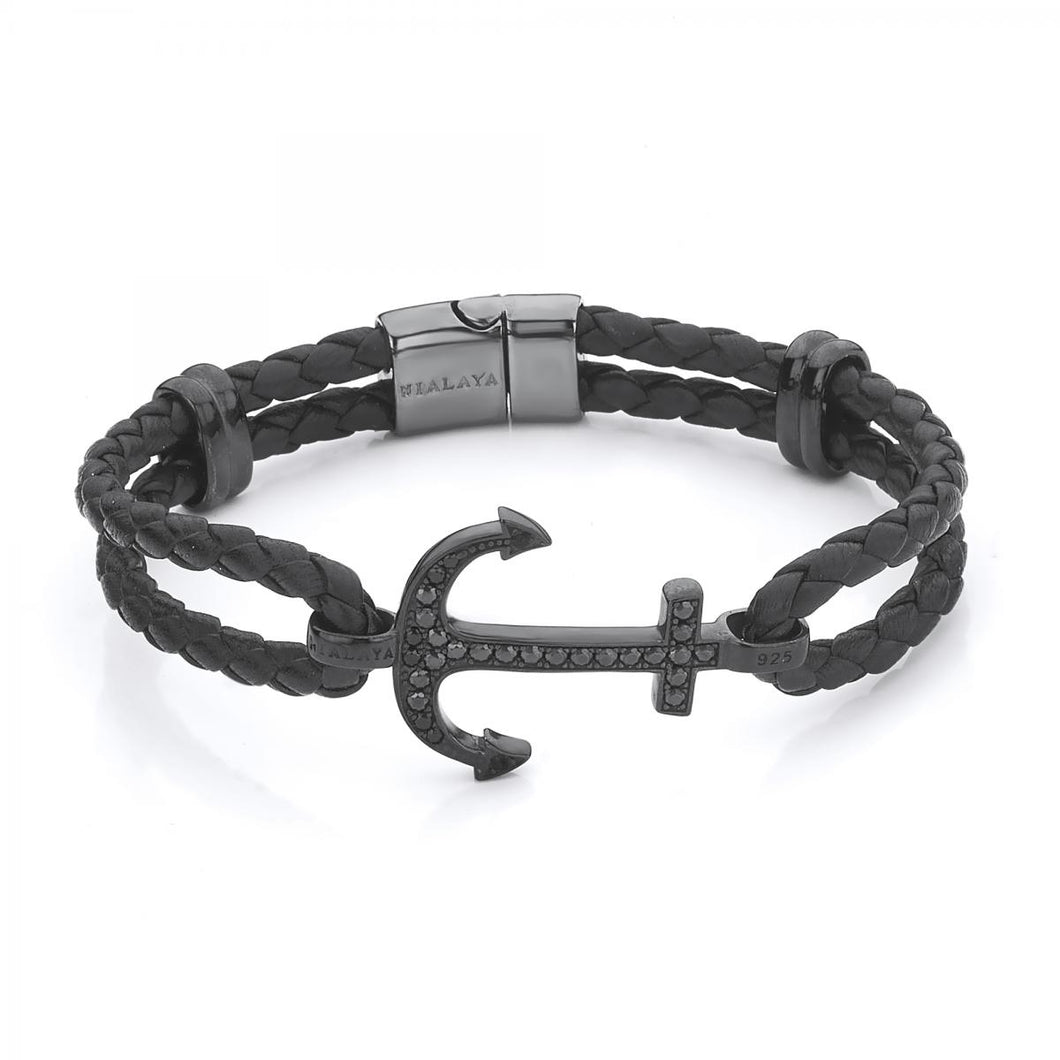 Men's Black Leather Anchor Bracelet