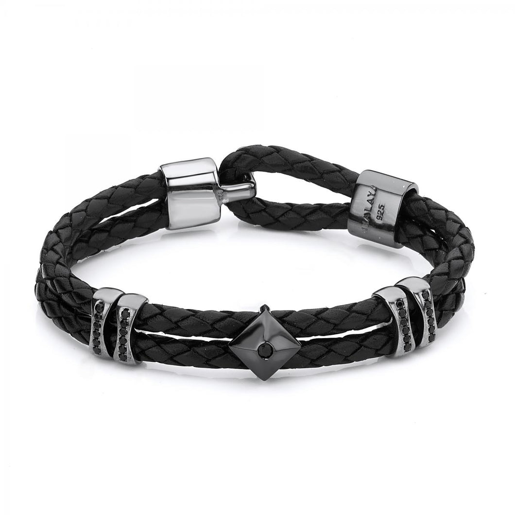Black Leather Beveled Bead Men's Bracelet