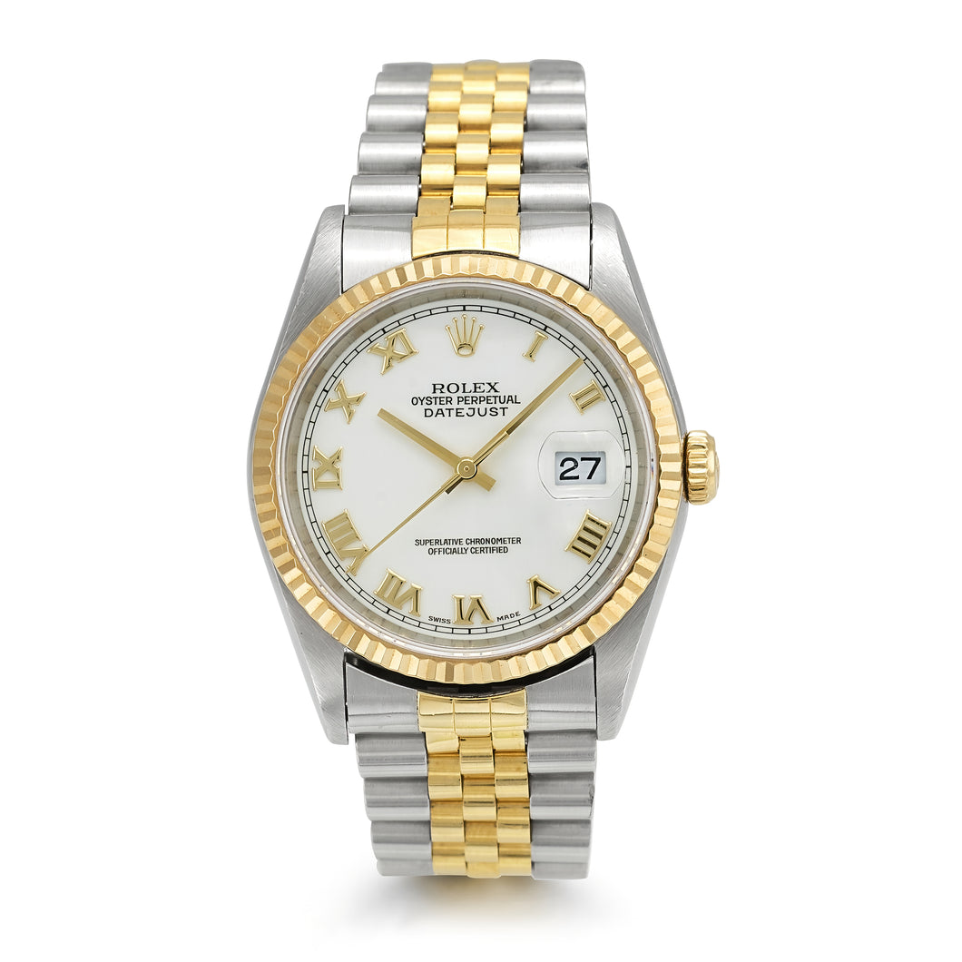 Rolex DateJust 16013 Two-Tone White Roman Numeral Dial Steel Watch