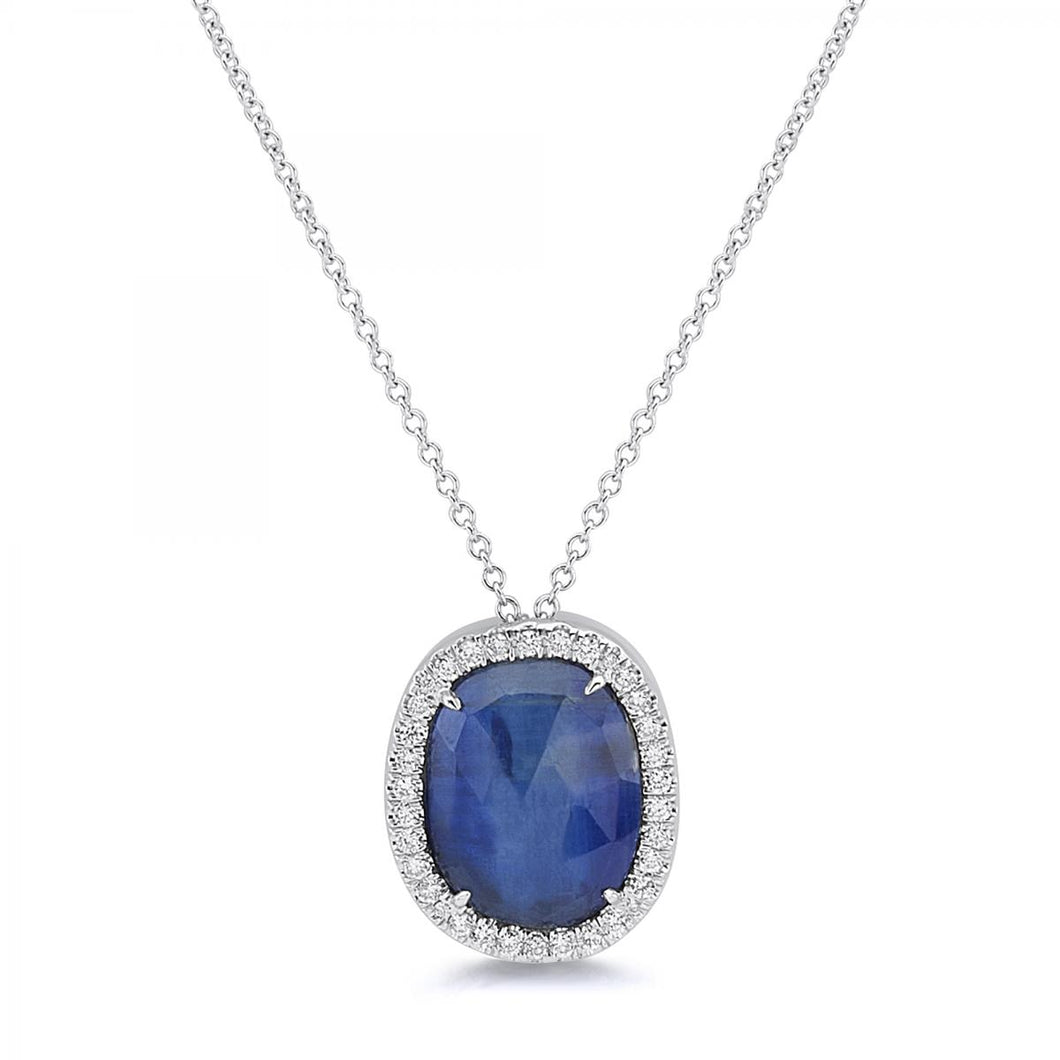18K White Gold Sapphire Round Brilliant Cut Diamond Necklace