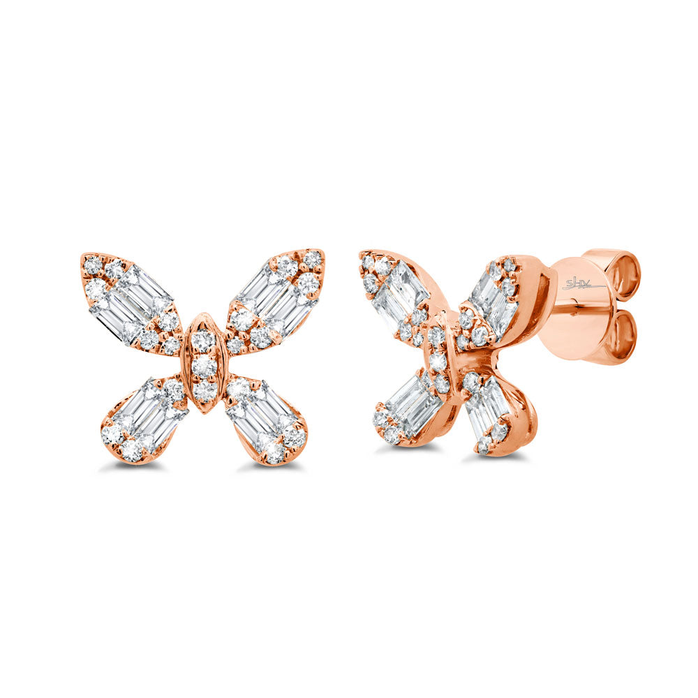 14K Rose Gold Diamond Baguette Butterfly Stud Earrings