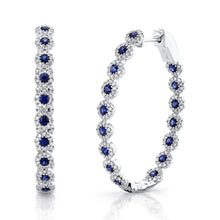 Load image into Gallery viewer, 14K White Gold Diamond &amp; Blue Sapphire Hoop Earrings

