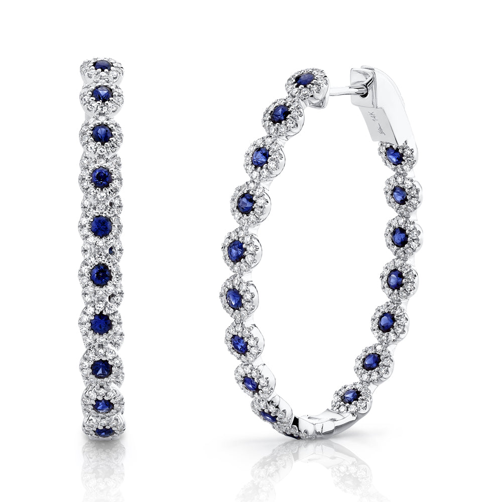 14K White Gold Diamond & Blue Sapphire Hoop Earrings