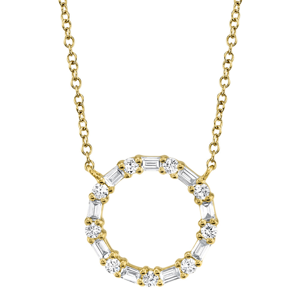 14K Yellow Gold and Diamond Baguette Circle Necklace