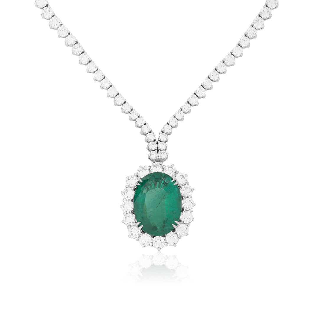 18K White Gold Diamond and Emerald Necklace
